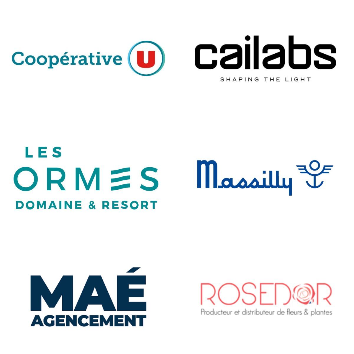Logos clients Coopérative U / Cailabs / Les Ormes / Massily / Maé agencement / Rosedor