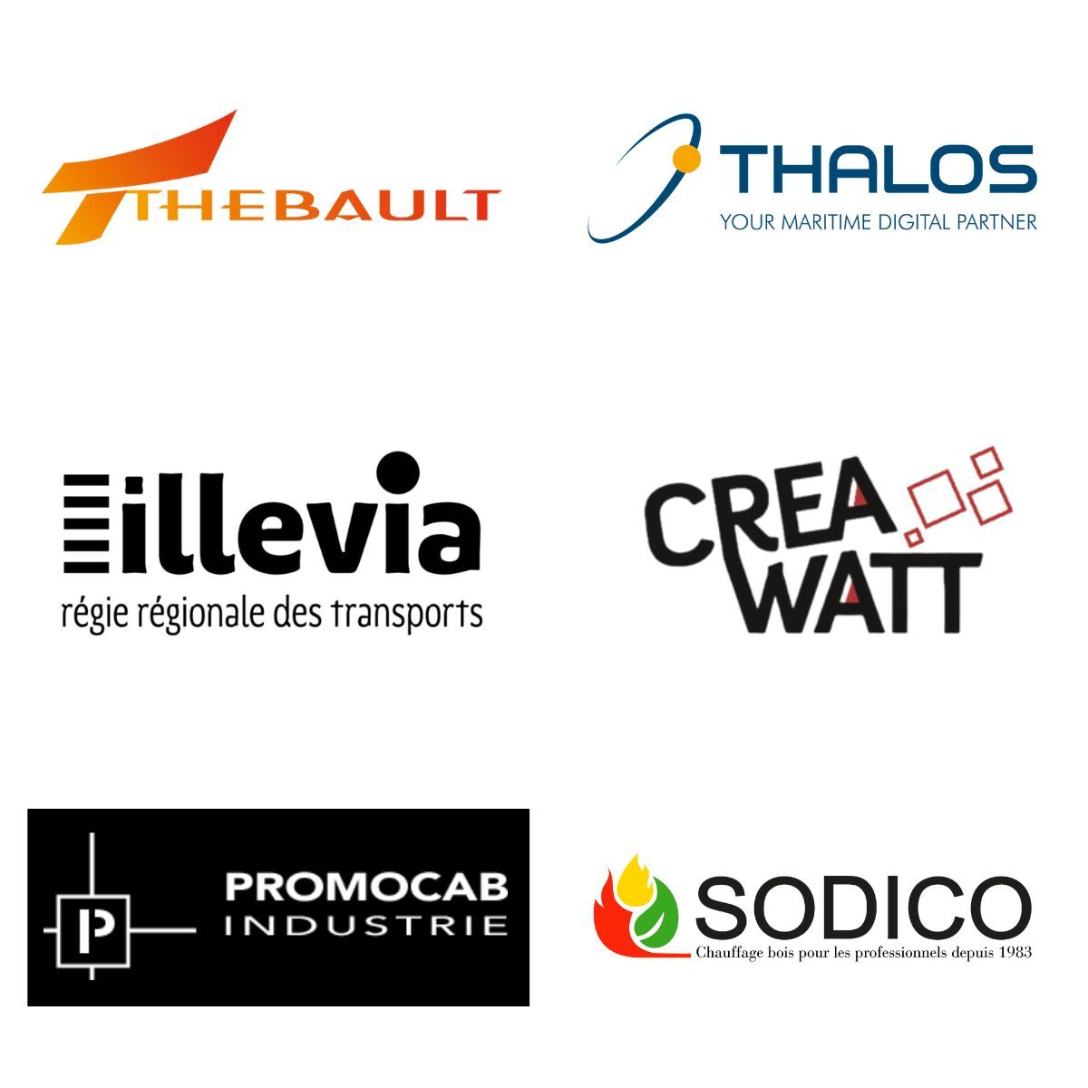Logos clients Thebault / Thalos / Illevia / Creawatt / Promocab industrie / Sodico